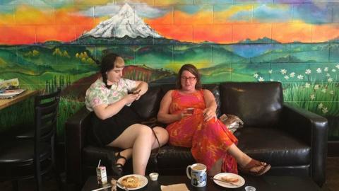 Coffee shop with Mount Hood mural