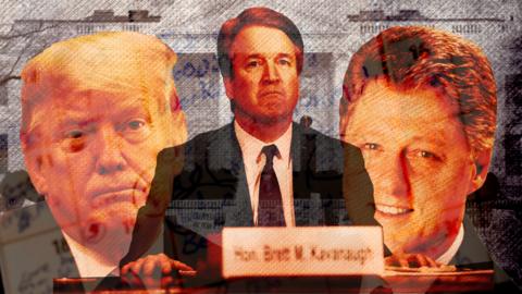 Composite of Donald Trump, Brett Kavanaugh and Bill Clinton