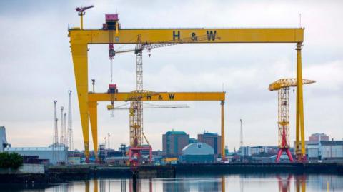 The Harland & Wolff cranes in Belfast with the docklands in the forefront of the image