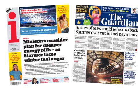 Front pages of the i and Guardian