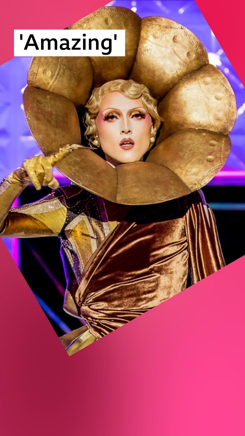 A drag queen, Marmalade, dressed in a gold outfit resembling a gramophone