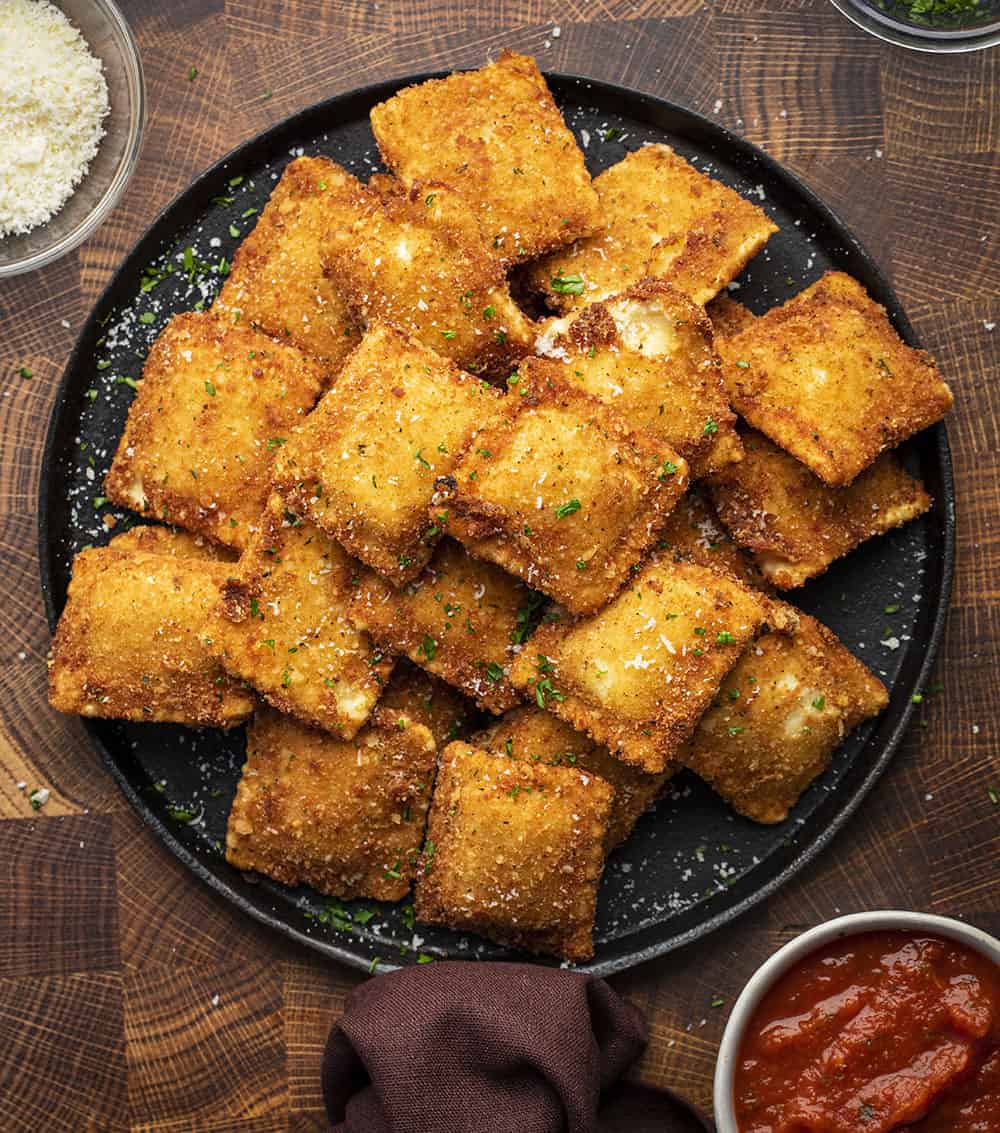 Fried Ravioli on Skillet from Overhead