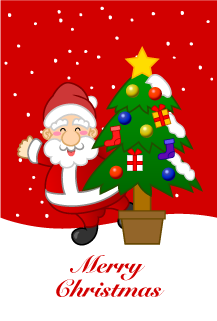 Santa and Christmas tree in snowfall background