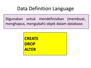 CREATE
DROP
ALTER
Data Definition Language
Digunakan untuk mendefinisikan (membuat,
menghapus, mengubah) objek dalam database.
 