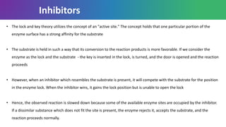 • The lock and key theory utilizes the concept of an "active site." The concept holds that one particular portion of the
enzyme surface has a strong affinity for the substrate
• The substrate is held in such a way that its conversion to the reaction products is more favorable. If we consider the
enzyme as the lock and the substrate - the key is inserted in the lock, is turned, and the door is opened and the reaction
proceeds
• However, when an inhibitor which resembles the substrate is present, it will compete with the substrate for the position
in the enzyme lock. When the inhibitor wins, it gains the lock position but is unable to open the lock
• Hence, the observed reaction is slowed down because some of the available enzyme sites are occupied by the inhibitor.
If a dissimilar substance which does not fit the site is present, the enzyme rejects it, accepts the substrate, and the
reaction proceeds normally.
Inhibitors
 