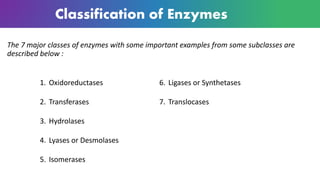 Classification of Enzymes
The 7 major classes of enzymes with some important examples from some subclasses are
described below :
1. Oxidoreductases
2. Transferases
3. Hydrolases
4. Lyases or Desmolases
5. Isomerases
6. Ligases or Synthetases
7. Translocases
 