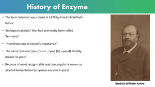 History of Enzyme
• The term ‘enzyme’ was coined in 1878 by Friedrich Wilhelm
Kuhne
• ‘biological catalysts’ that had previously been called
‘ferments’
• “manifestations of nature’s impatience”.
• The name ‘enzyme’ (en (G) = in ; zyme (G) = yeast) literally
means ‘in yeast’
• Because of most recognizable reaction popularly known as
alcohol fermentation by zymase enzyme in yeast
Friedrich Wilhelm Kuhne
 