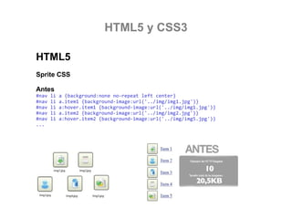 HTML5 y CSS3
HTML5
Sprite CSS
Antes
#nav
#nav
#nav
#nav
#nav
...

li
li
li
li
li

a {background:none no-repeat left center}
a.item1 {background-image:url('../img/img1.jpg')}
a:hover.item1 {background-image:url('../img/img1.jpg')}
a.item2 {background-image:url('../img/img2.jpg')}
a:hover.item2 {background-image:url('../img/img5.jpg')}

 