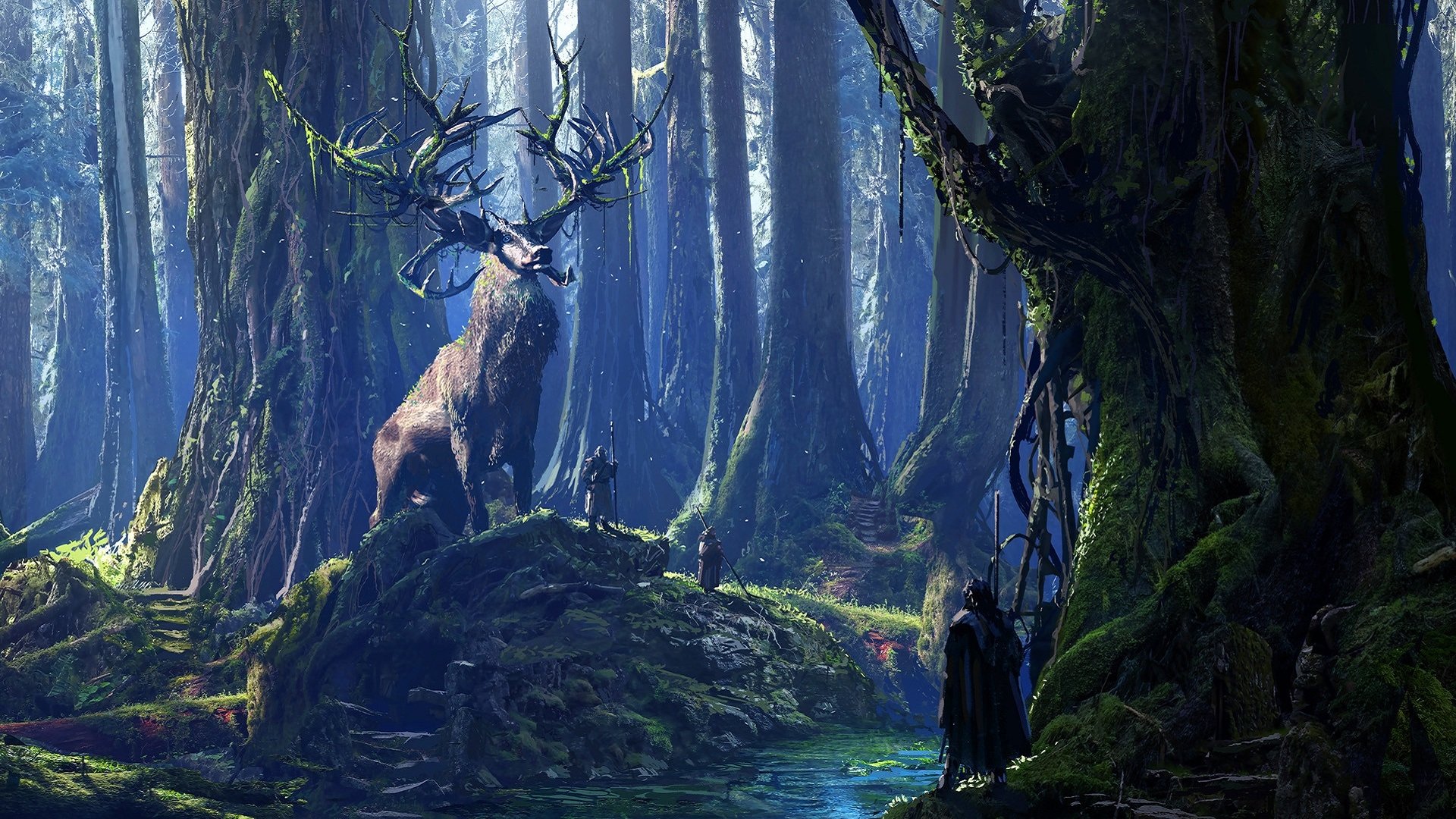 Download Moss Forest River Stag Fantasy Druid HD Wallpaper