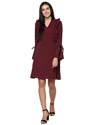 Women's Maroon Ruffled Bell Sleeves Dress