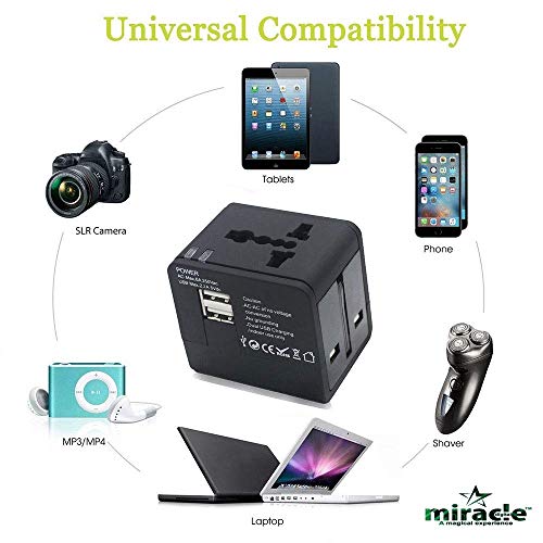 Miracle Digital Universal Adapter Worldwide Travel Adapter with Built in Dual USB Charger Ports/Universal All-in-One AC Wall Outlet Travel Charger Power Adapter (Black)