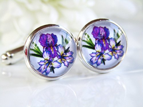 Iris Flower Cufflinks Purple Wedding Gift Groomsmen Groom Floral Cufflinks