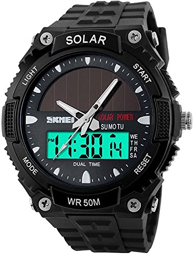 Men's Solar Powered Casual Quartz Watch Digital & Analog Multifunctional Sports Watch Black