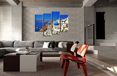 Canvas Print Wall Art Picture Oia Town Santorini Island Greece Churches Blue Domes Caldera Aegean Sea 4 Pieces Modern Giclee Stretched And Framed Artwork The Landscape Pictures Photo Prints On Canvas