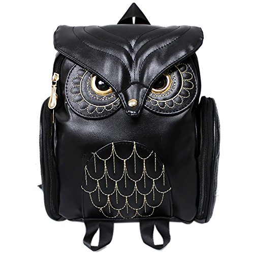 Gintai OWL Cartoon Leather Women Backpack,Fashion Student Bag,Black Color Elegant Causal Packsack Shoulder Bag Black