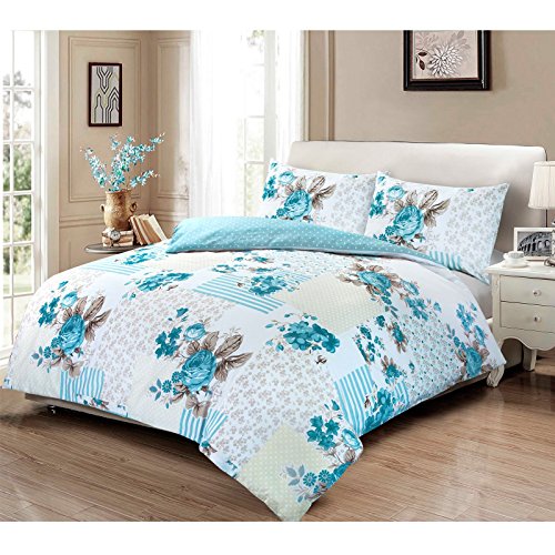 Nimsay Home Rose Floral 100% Cotton Patchwork Quilt Duvet Cover & Pillowcases Bedding Set (Blue, Single Duvet Cover Set)