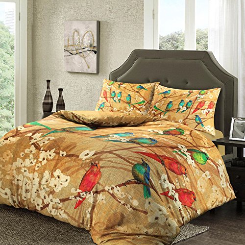 Luxury Soft Touch T230 100% Egyptian Cotton Satin Sateen Birds Gold Brown Quilt Duvet Cover Pillowcase Set (Single Bed Size)