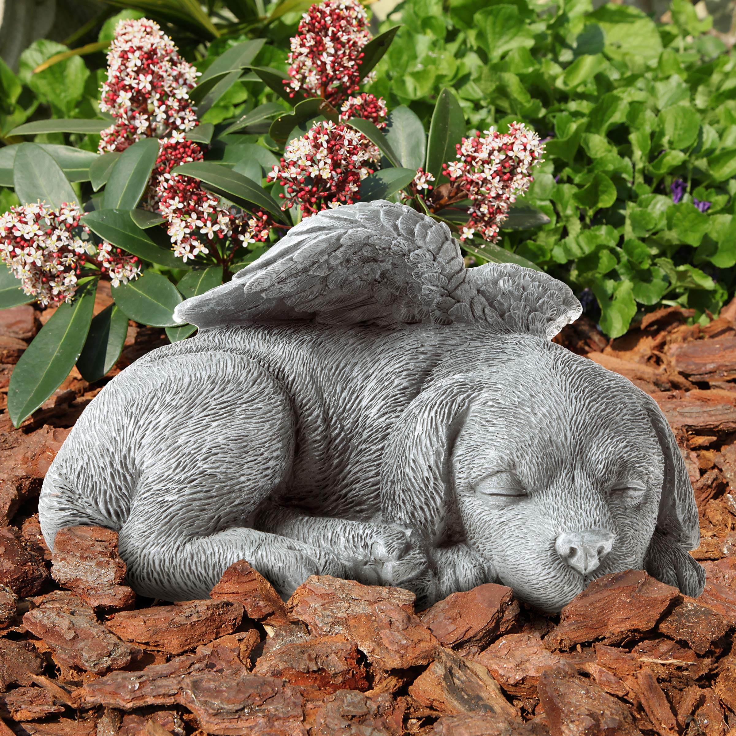 Pure Garden Sculpture Pet Memorial Statue, Sleeping Angel Dog, Stone Finish