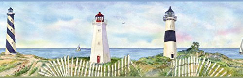 Chesapeake Bbc46071B Eugene Light Coastal Lighthouse Portrait Wallpaper Border Blue