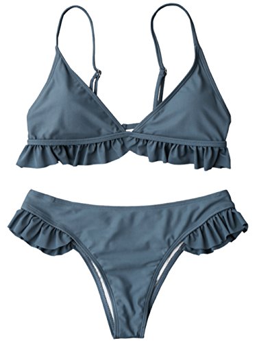 Womens Ruffles Cute Bikini Set Pink Grey Two Piece Bathing Suit