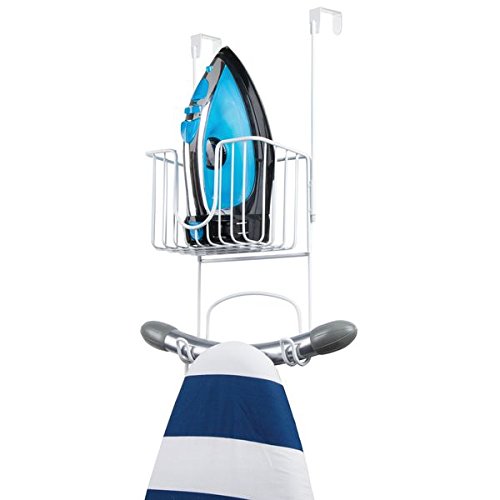 mDesignDrill Free Ironing Board Hanger – Stainless Steel Ironing Board Rack with Door Hanging Mount – Includes Basket for Storing Iron and Detergent – 21.8 cm x 14.3 cm x 33.0 cm– White