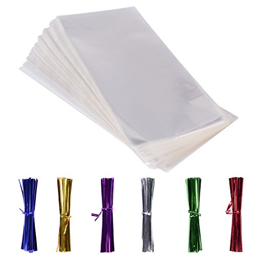 200 Pack 5" x 11" Clear Cello Treat Bags 1.4mil OPP Plastic Bags with 6 Mix Colors Twist Ties Good for Wedding Cookie Gift Candy Bakery Supply Valentine Chocolates (5'' x 11'')