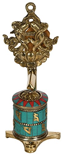 Exotic India Tibetan Buddhist Prayer Wheel with Pair of Fish (Ashtamangala) - Brass with Inlay Statu