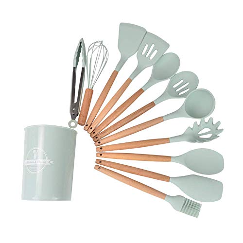 Cintu 11 Pc set Wooden handle Silicone Cooking Utensils with matching holder, Kitchen Set Spatula Green