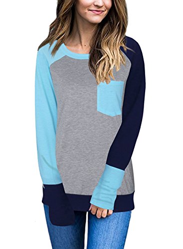 WuLun Women's Casual Long Sleeve Crewneck Color Block Pocket Sweatshirt Blouse Tops