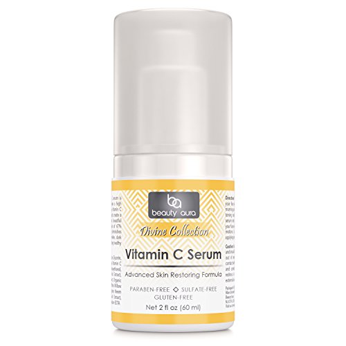 Beauty Aura Vitamin C Facial Serum - 2 Oz. Bottle - Hydrates, Brightens, Fade Age Spots & Wrinkles - 67% Organic…