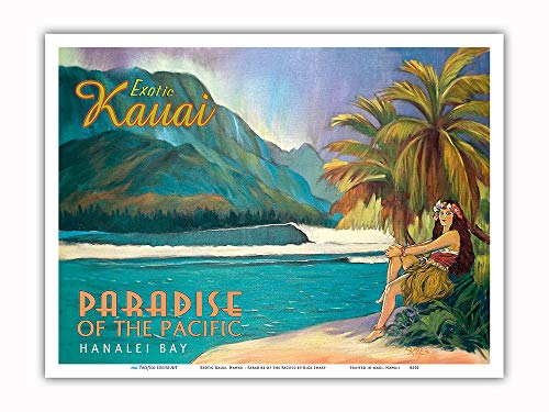 Exotic Kauai Hawaii - Paradise of the Pacific - Hanalei Bay - Vintage Hawaiian Travel Poster by Rick Sharp - Master Art Print (Unframed) 9in x 12in