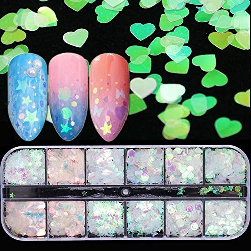 12 grids nail sequin paillettes mermaid holographic glitter butterfly flakes gel polish spangles manicure slice 3d fluorescent sequins sparkly decorations Colorful Glitter Sticker Manicure Nail Art