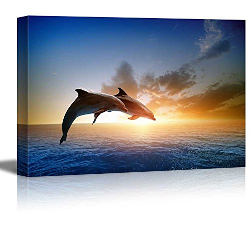 wall26 Canvas Print Wall Art Dolphin Duo with Sunset Ocean Horizon Nature Wilderness Photography Modern Art Rustic Scenic Colorful Multicolor for Living Room, Bedroom, Office - 12"x18"