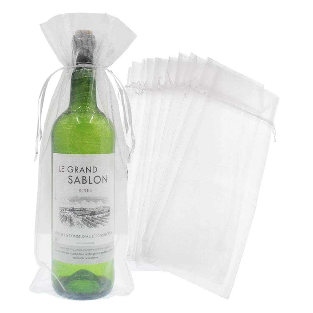 Bezall 20Pcs Organza Wine Bags, Sheer Drawstring Wine Bottle Gift Bag, Wine Bottle Covers Pouch for Christmas Wedding Holiday Wine Tasting Party (White)