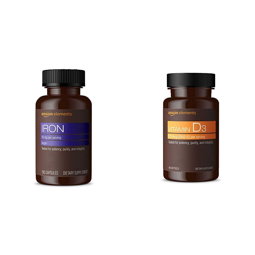 Amazon Elements Iron 18mg, Vegan, 195 Capsules, 6 Month Supply & Vitamin D3, 5000 IU, 180 Softgels, 6 Month Supply