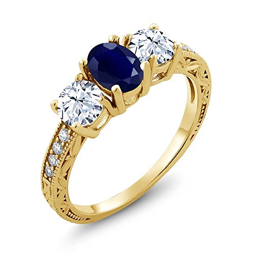 Gem Stone King 18K Yellow Gold Plated Silver Blue Sapphire 3-Stone Engagement Ladies Ring For Women (2.64 Cttw, Oval 7X5MM, Available 5,6,7,8,9)