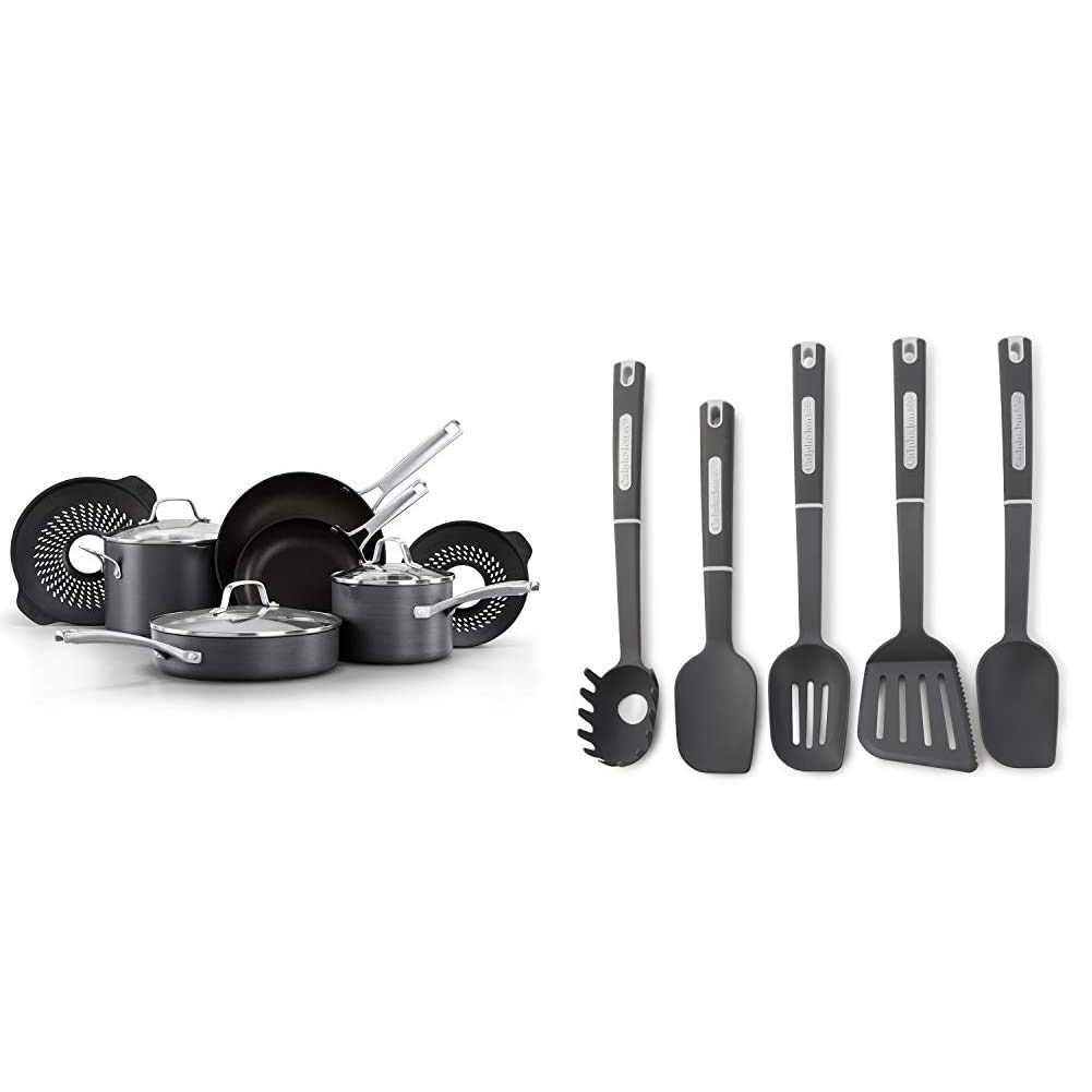 Calphalon Classic Pots and Pans Set, 10 Piece Cookware Set with No Boil-Over Inserts, Nonstick & 5-Piece Nylon Kitchen Cooking Utensil Set