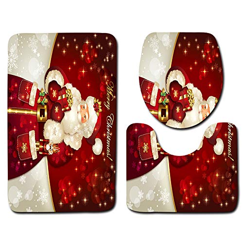 papasgix 3 Piece Merry Christmas Bath Mat Set, Bathroom Mats Set Non-Slip Bathroom Rugs/Contour Mat/Toilet Cover (Santa Claus #1)