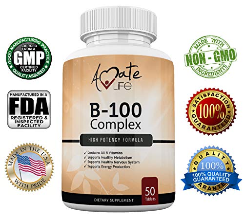 Amate Life Vitamin B 100 Complex Tablets – Dietary Supplement Supports Healthy Metabolism, Nervous System & Energy Production – Premium Vitamin B-100 Complex Capsules- Made in USA - 50 Tablets