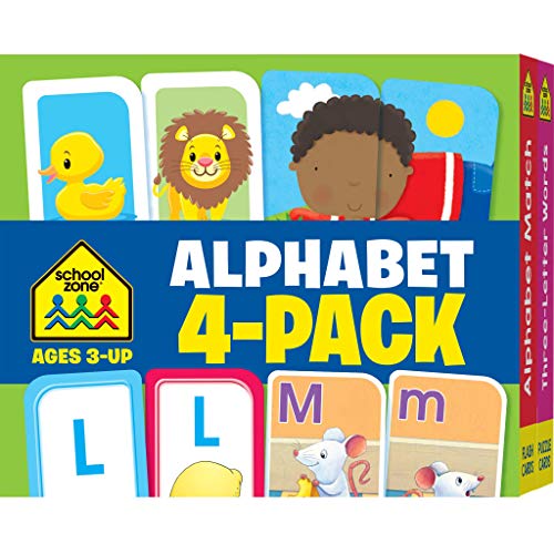 School Zone - Alphabet 4-Pack Flash Cards - Ages 3+, Preschool, Kindergarten, Go Fish Alphabet, Three-Letter Words, Alphabet Match, Lowercase & Uppercase Letters, Letter-Picture Recognition, and More