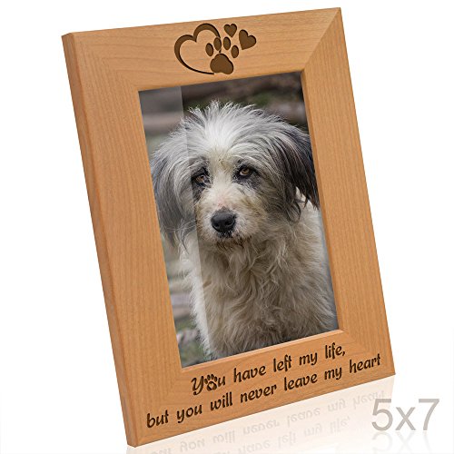 KATE POSHYou Have Left My Life, but You Will Never Leave My Heart Natural Wood Engraved Picture Frame, Paw Prints on My Heart Memorial Gifts for Cat or Dog, Pet Sympathy Memory Gift (5x7 Vertical)