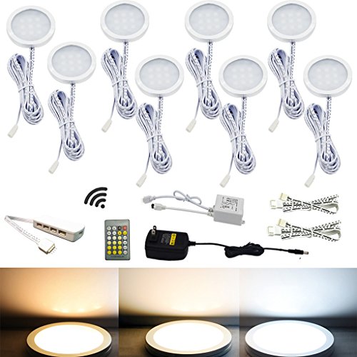 AIBOO LED Under Cabinet Puck Lights CCT Light Color Temperature Adjustable Warm+White Double Color with Dimmable RF Remote Controller for Kitchen Shelf Ambiance Display Lighting (8 Lights, 24W)