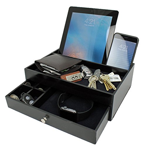 Valet Drawer Charging Station – Black Nightstand Organizer and Charger with Valet Tray Holds Watches, Jewelry, Money, Keys – 5 Compartment Dresser Drawer Box Tablet Cell Phone Holder for Men Women