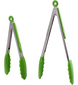 HiramWare Kitchen Tongs Set of 2 – 9 inch & 12 inch – Stainless Steel Food Tongs with Silicone Tips – Premium Locking Non-stick Tongs for Cooking, BBQ, Grilling, Salad - Heavy Duty, BPA Free(Green)