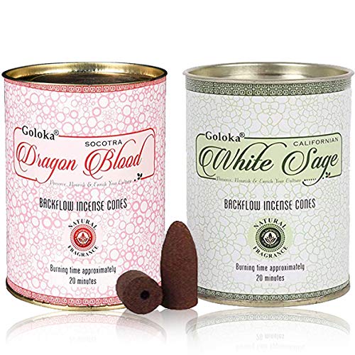 Backflow Incense Cones by GOLOKA - Pack of 2 Includes 48 Cones (Dragons Blood & White Sage)