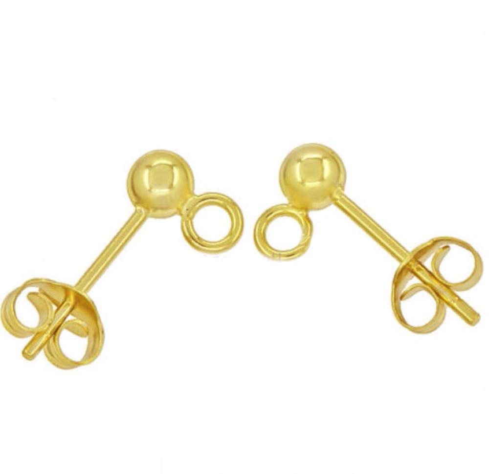 100pcs Hypoallergenic Earring Posts Stud Earrings 5mm Ball Post with Loops Earnut Backs Gold Plated Brass for Jewelry Making CF218-4