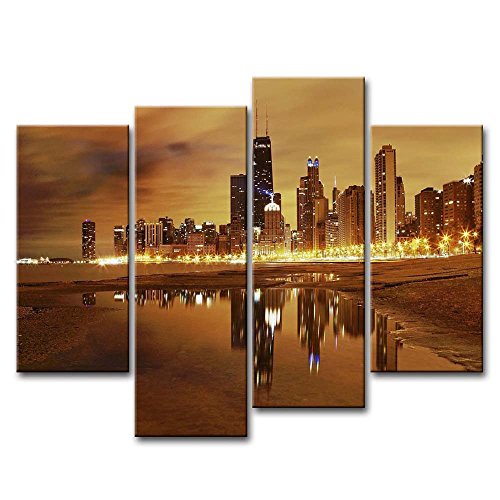 So Crazy Art- Chicago Wall Art Decor Skyline of USA City Under the Lighted Night Canvas Pictures Artwork 4 Panel Modern Painting Prints for Home Living Dining Room Kitchen