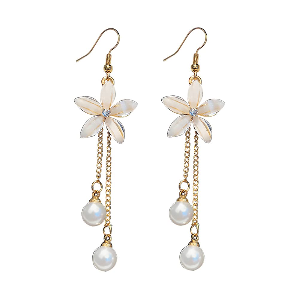 Crystal Five-leaf Flower Simulation Pearl Tassel Chain Dangle Earrings for Ladies Jewelry Gifts