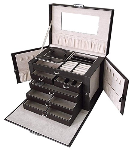 Sodynee New Pu Leather Jewelry Box Organizer Display Storage Case with Lock,Black/Grey