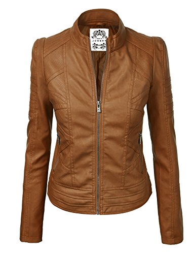 Made By Johnny MBJ Womens Faux Leather Zip Up Moto Biker Jacket with Stitching Detail